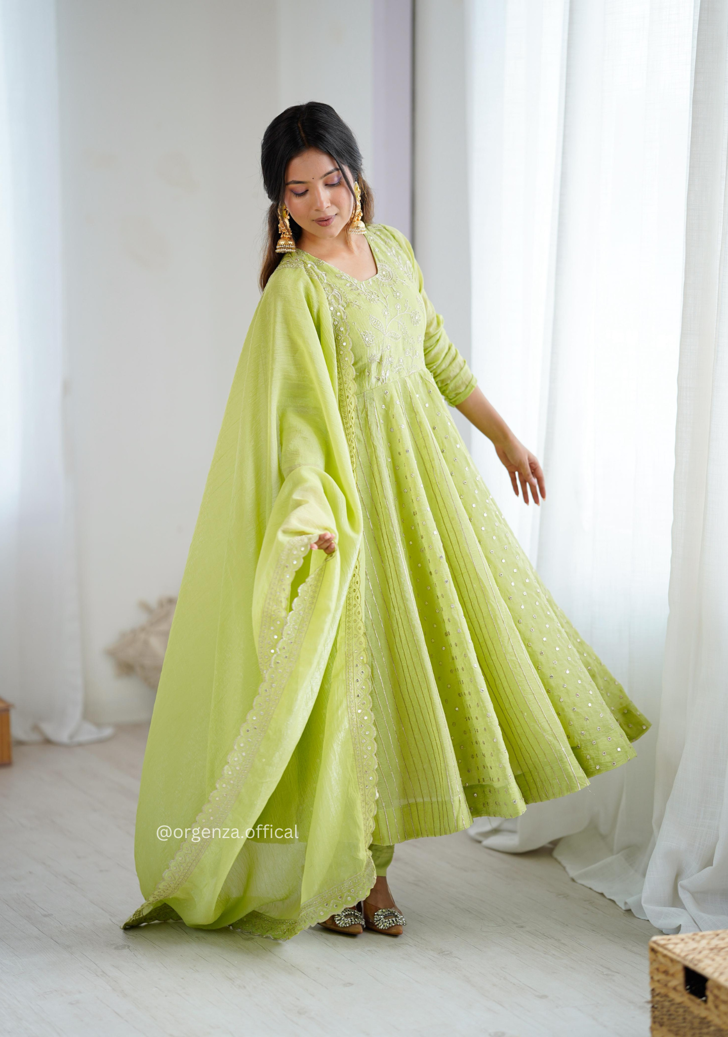 Pista Green Colour Crunchy Silk Anarkali Kurti