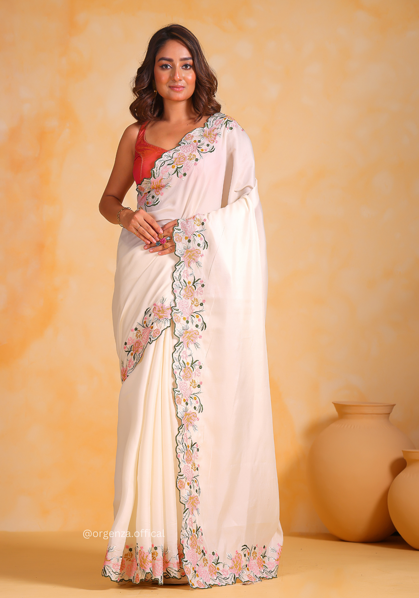 Tussar Satin Silk Saree With Embroidery Viscos Thread Work - Orgenza Store
