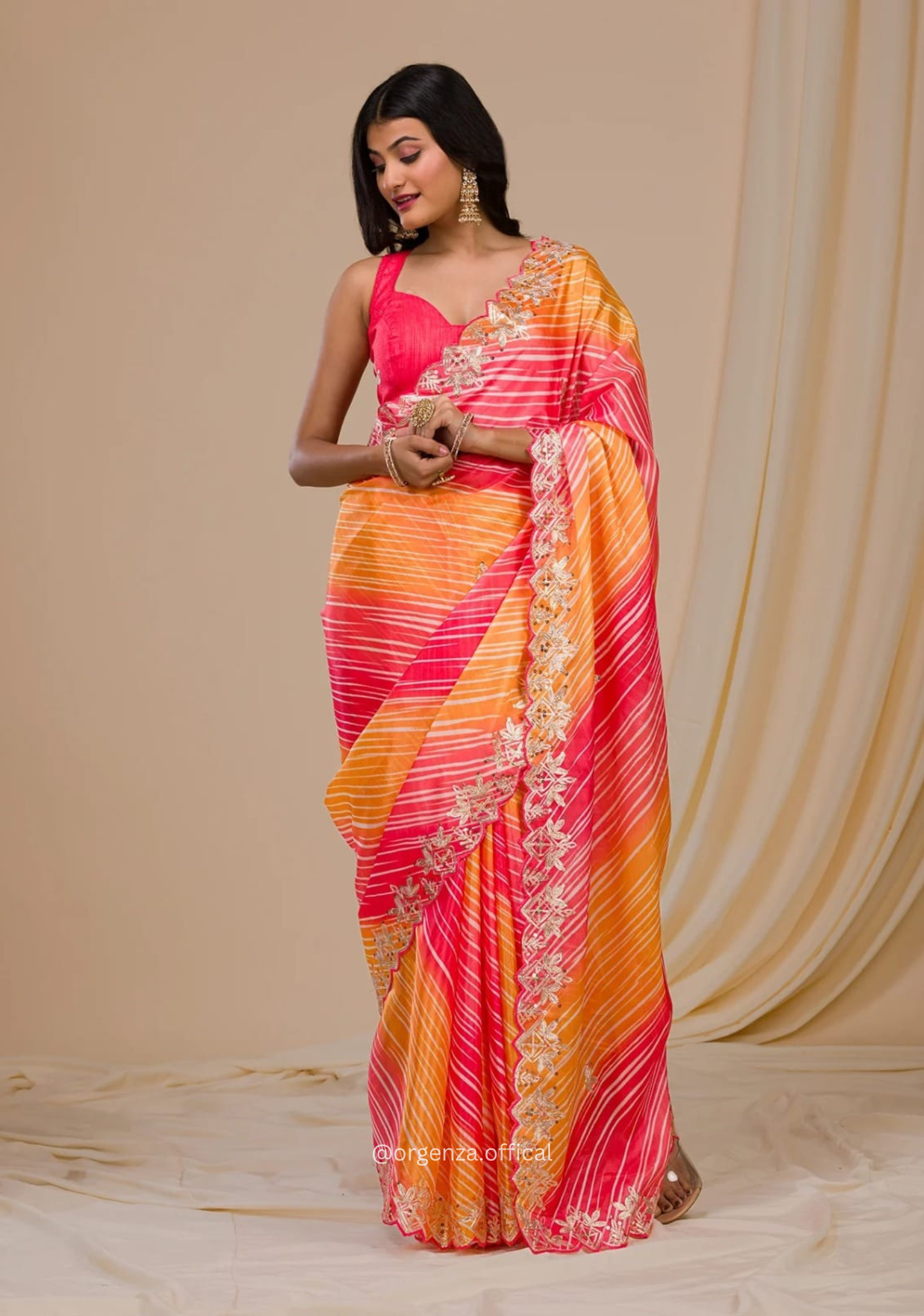 Peach And yellow Colour Chinnon Digital Print Saree