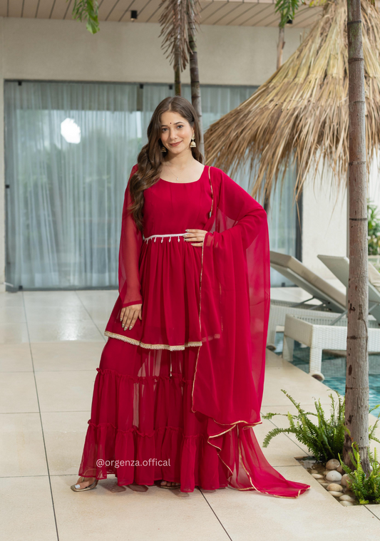 Red Colour Kediya Sharara Fully Stitched Kurti