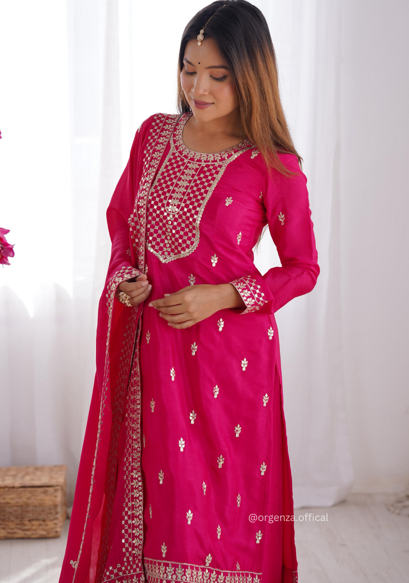 Chinon Silk Fabric Straight Fit Kurta With Dupatta Set