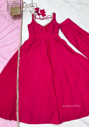 Pink Colour Roman Silk Chanderi Plain Anarkali Kurti - Orgenza Store