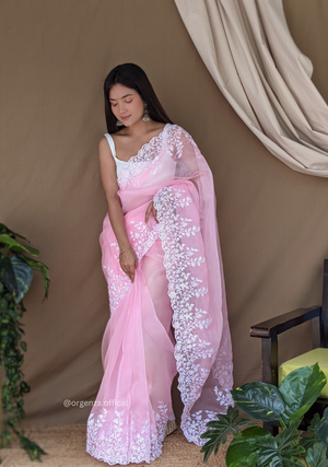 Organza Baby Pink Color Pure Organza Silk And Flower Embroidery Work - Orgenza Store
