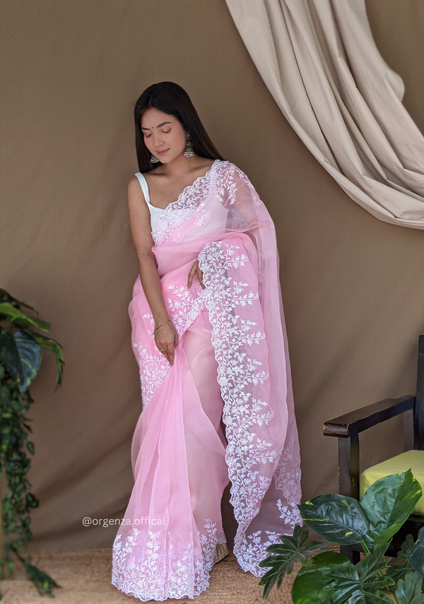 Organza Baby Pink Color Pure Organza Silk And Flower Embroidery Work