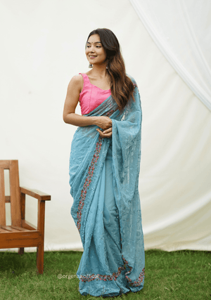 Sky Color Embroidery Work Heavy Georgette Silk Saree With Running Blouse - Orgenza Store - digisoch