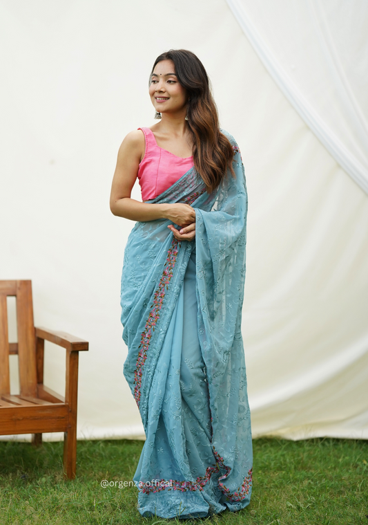 Sky Color Embroidery Work Heavy Georgette Silk Saree With Running Blouse - Orgenza Store