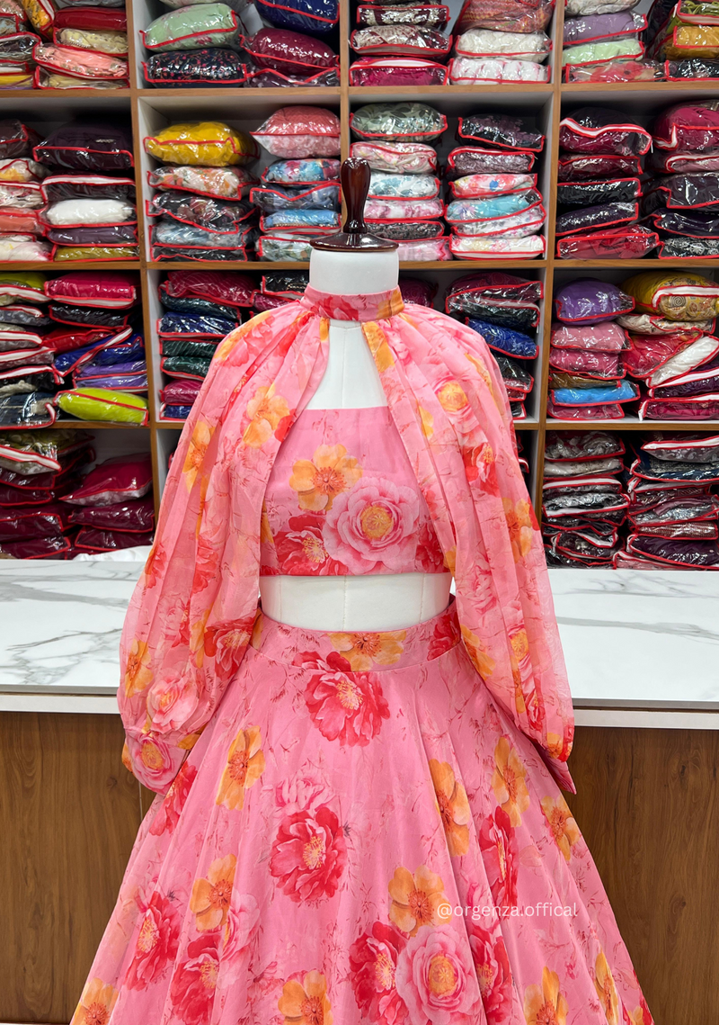 Multi Colour Fully Stitched Organza Lehenga Choli
