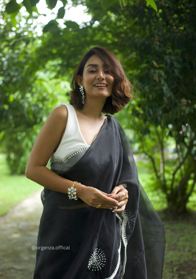 Black Colour Organza Saree With Hand Work