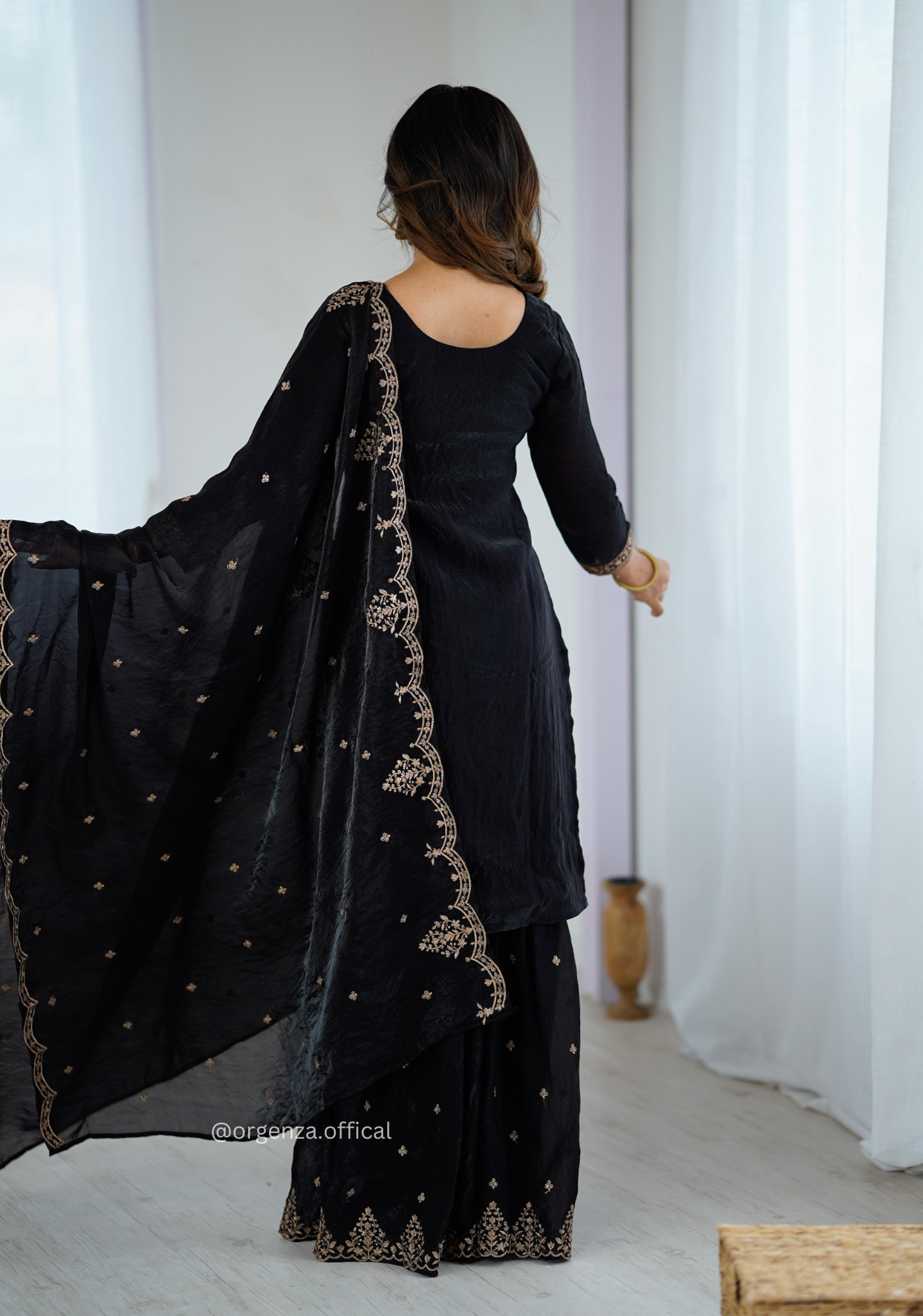 Black Colour Crunchy Silk Fabric Kediya Kurta With Dupatta Set