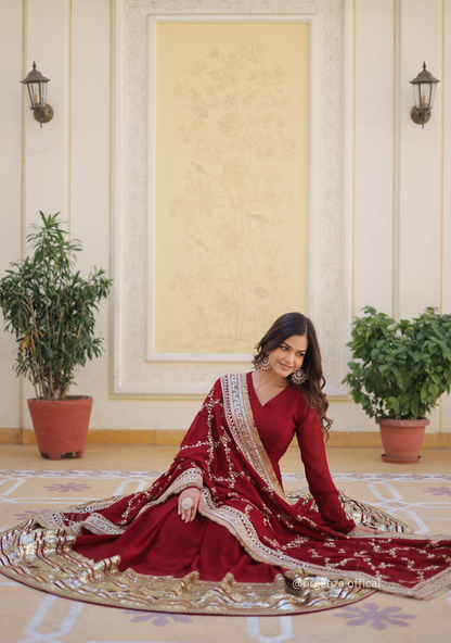 Maroon Colour Soft Fox Blooming Zari Sequins Gown - Orgenza Store