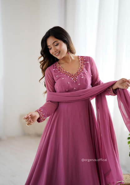 Onion Georgette Handwork Anarkali Kurti Set