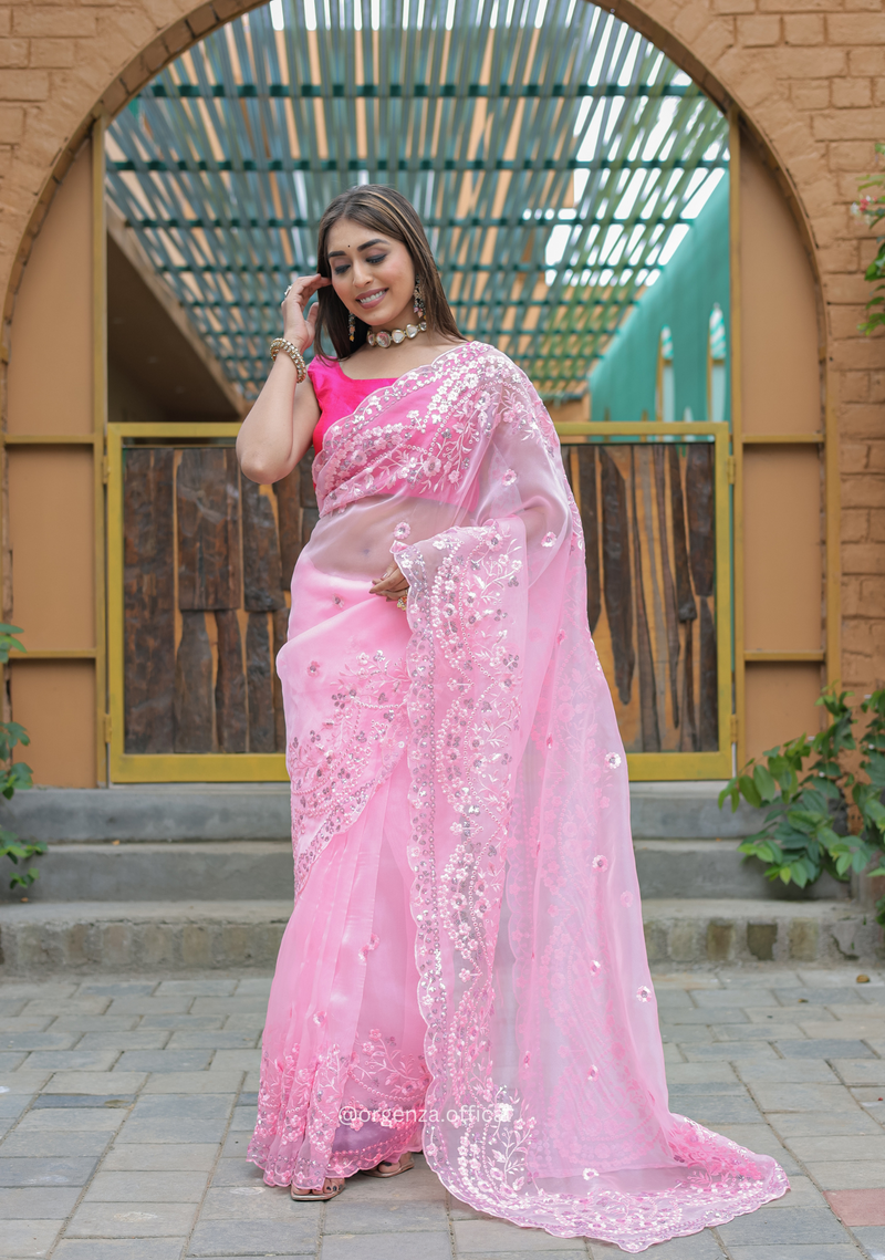 Baby Pink Soft Organza Saree With Sequence Work