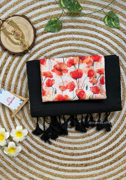 Black Colour Cotton Saree With Tulip Print Blouse