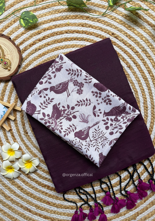 Wine Colour Cotton Saree With Birds Print Blouse
