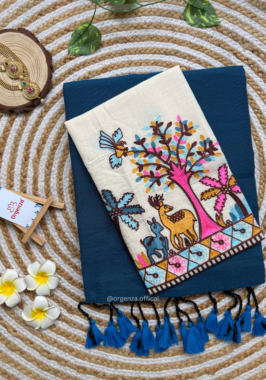 Rama Blue Colour Cotton Saree With Deer Embroidery Blouse