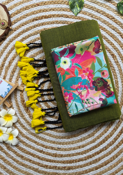 Mehendi Green Colour Cotton Saree With Flower-Leaf Print Blouse