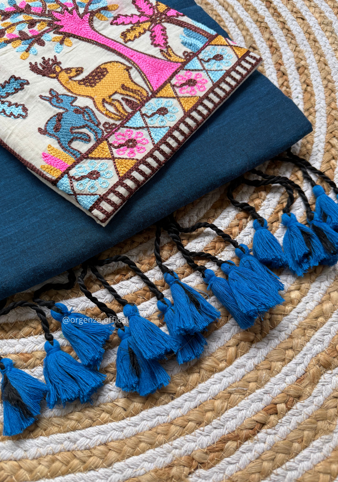 Rama Blue Colour Cotton Saree With Deer Embroidery Blouse