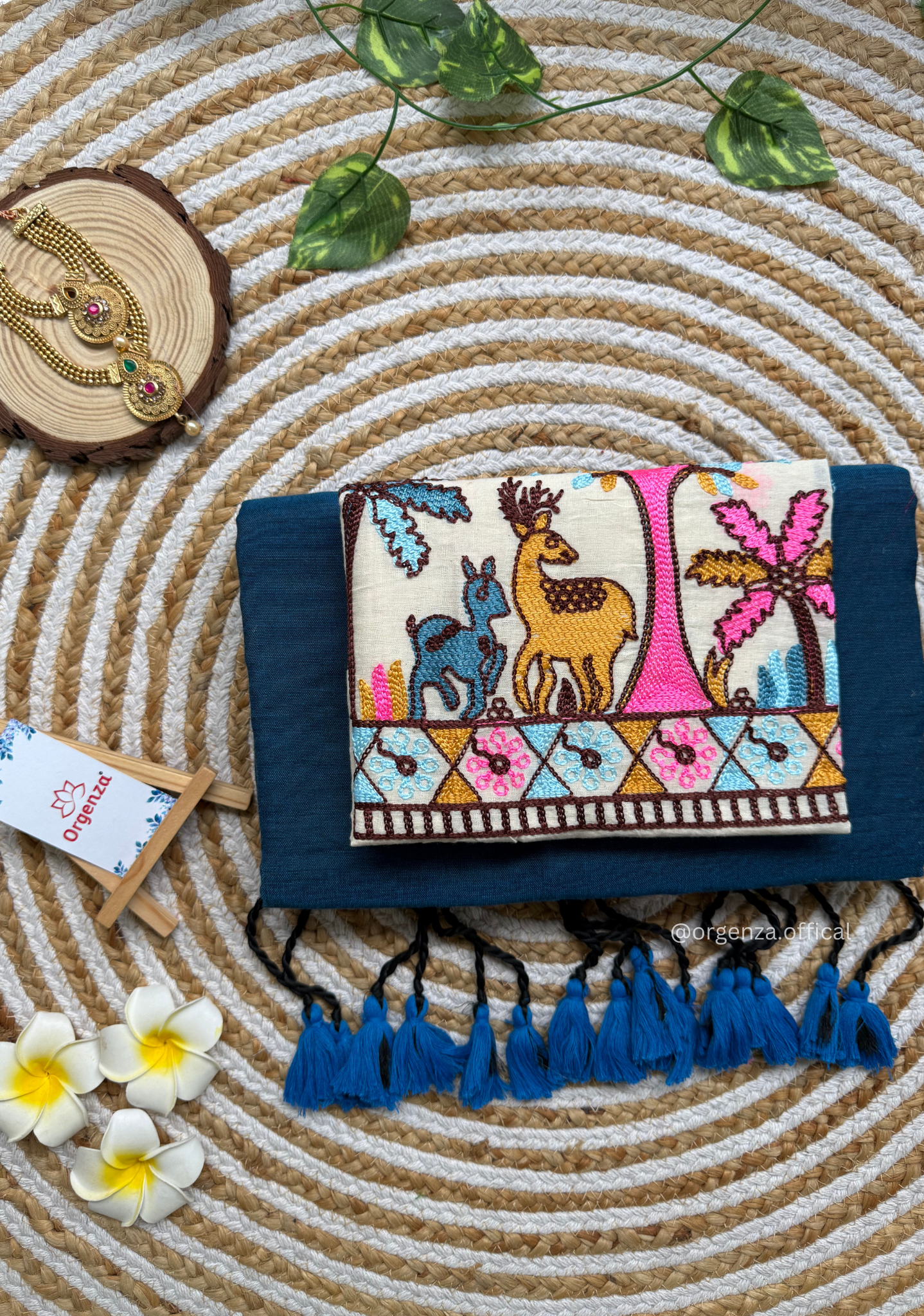 Rama Blue Colour Cotton Saree With Deer Embroidery Blouse