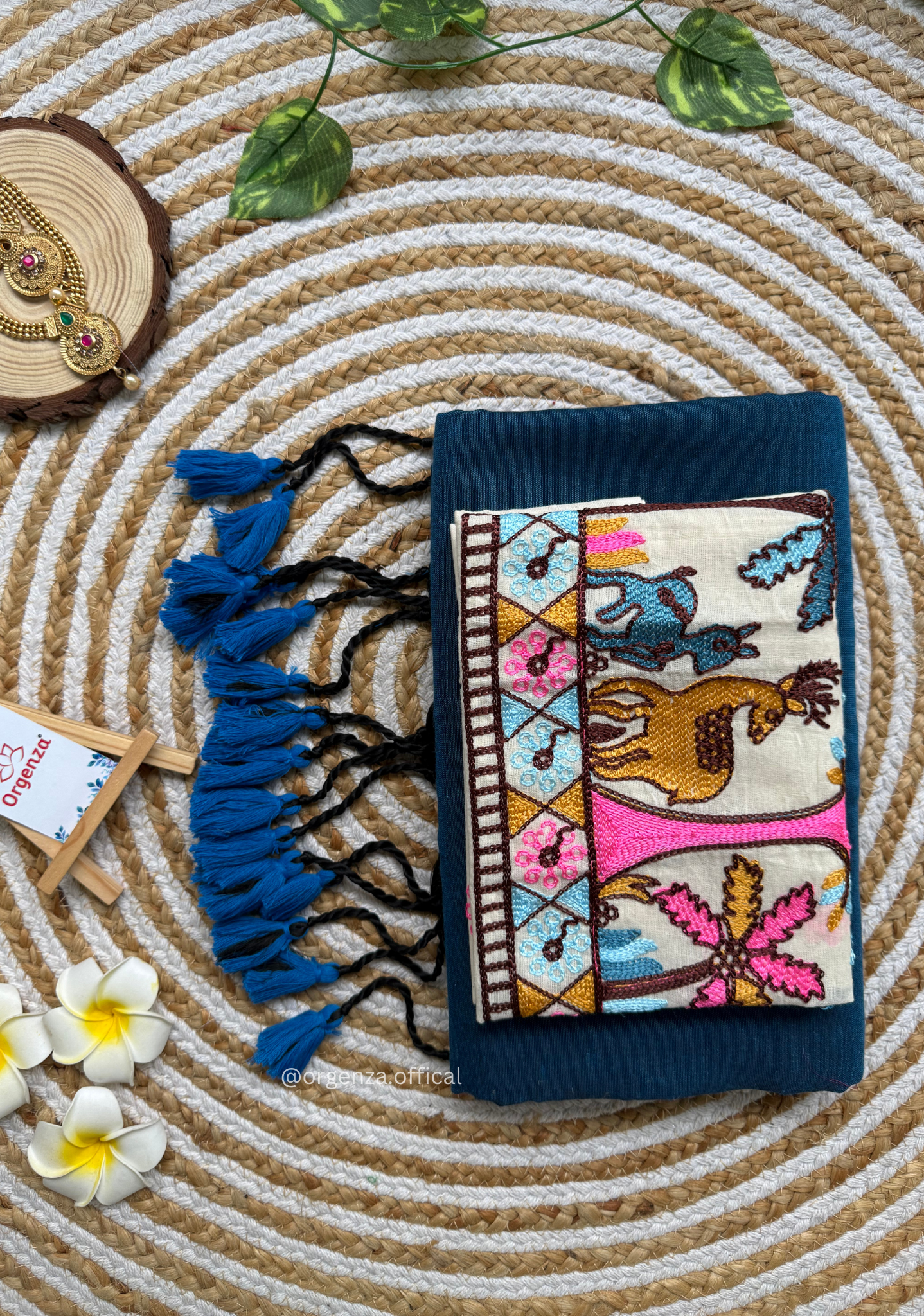 Rama Blue Colour Cotton Saree With Deer Embroidery Blouse