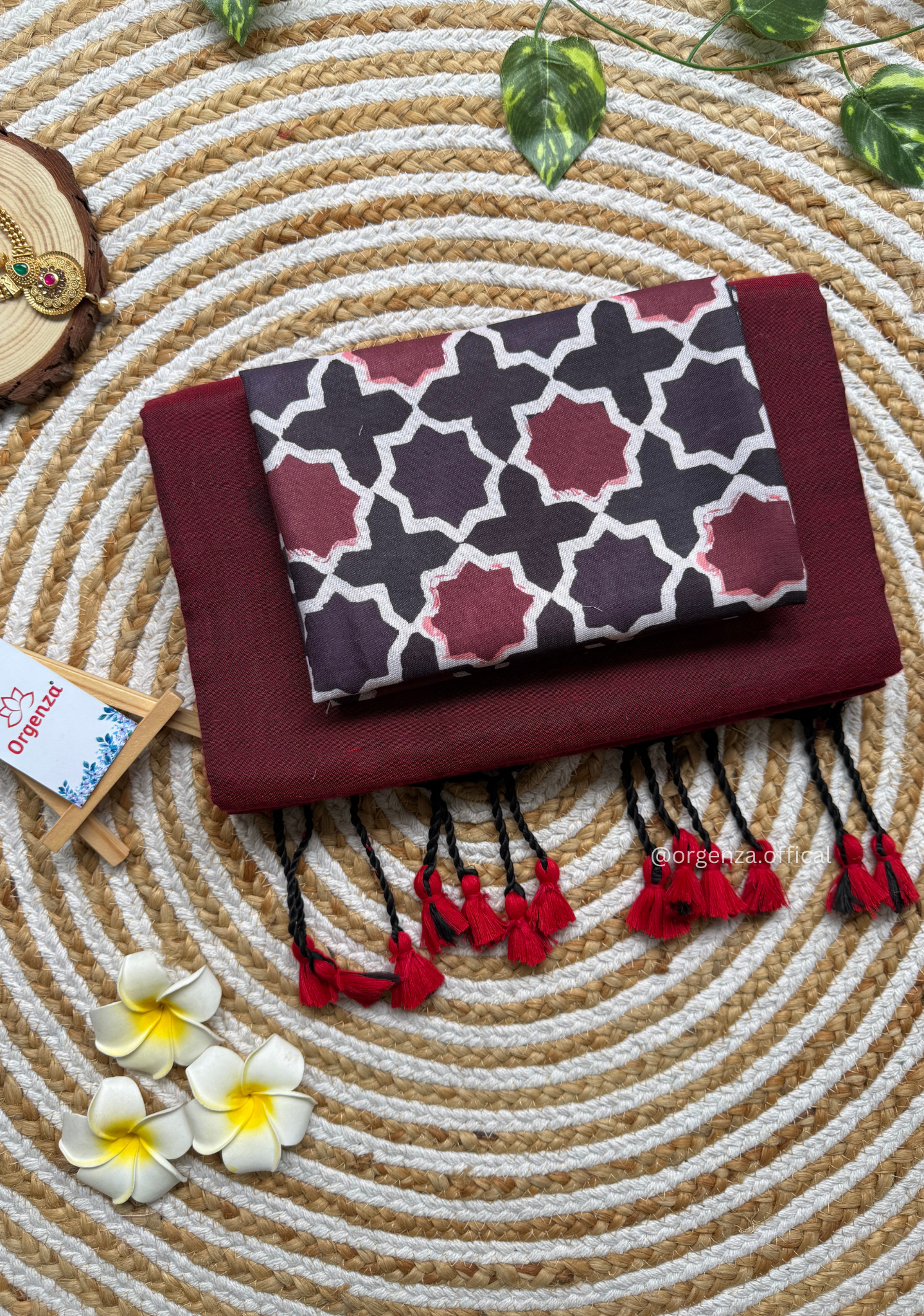 Maroon Colour Cotton Saree With Block Print Blouse
