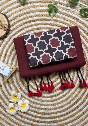 Maroon Colour Cotton Saree With Block Print Blouse - Orgenza Store - digisoch