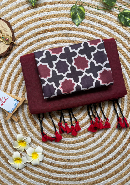 Maroon Colour Cotton Saree With Block Print Blouse