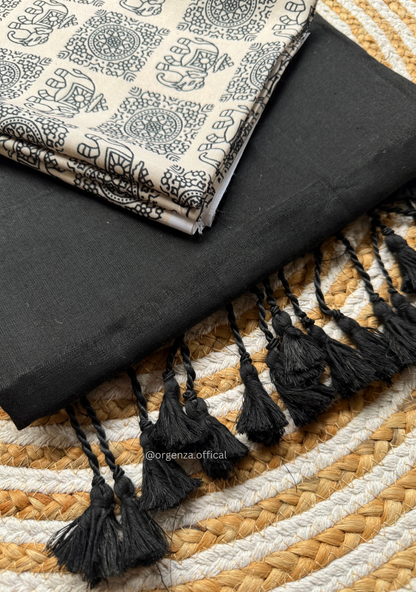 Black Colour Cotton Saree With White Elephant Print Blouse