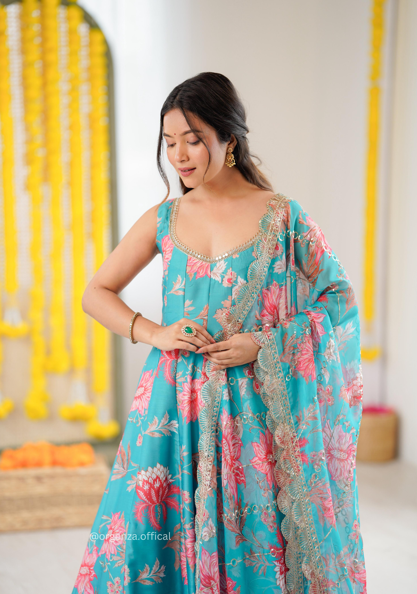 Rama Blue Colour Muslin Floral Print Anarkali Kurtis