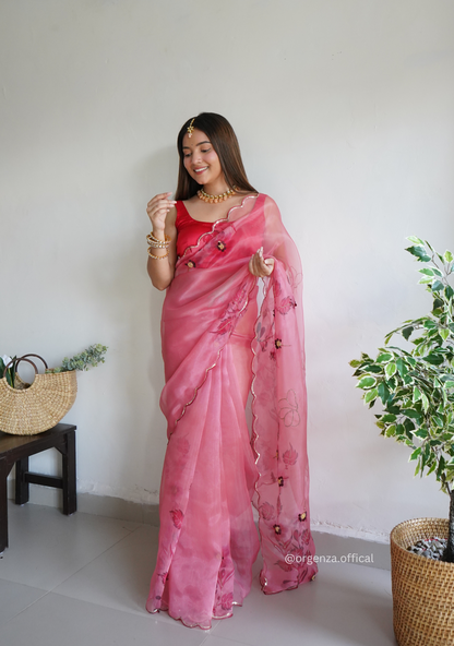 Pink Colour Organza Saree With Handwork