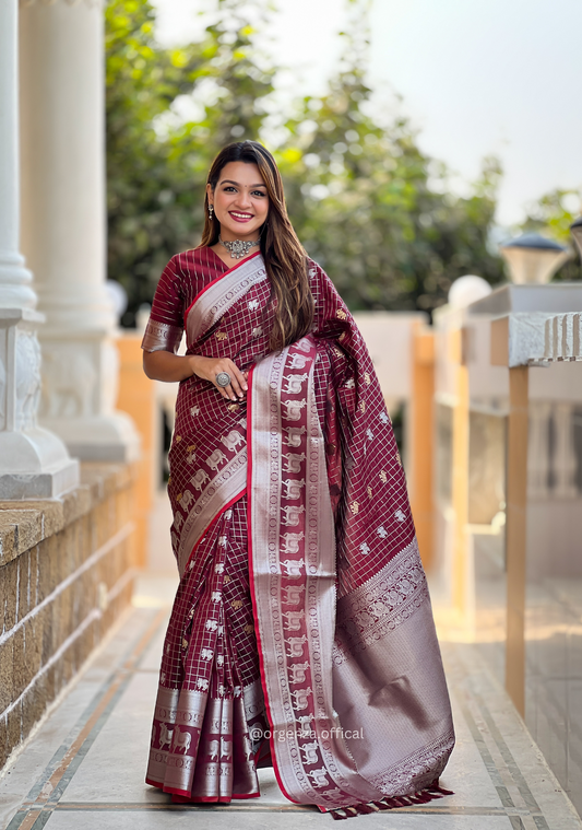 Brown Colour Silk Saree With Gold And Silver Zari