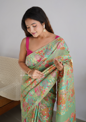 Pure Pashmina Kanchi Weaving Kashmiri Silk Saree - Orgenza Store