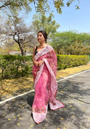 Pink Organza Saree With Chikankari Work - Orgenza Store - digisoch
