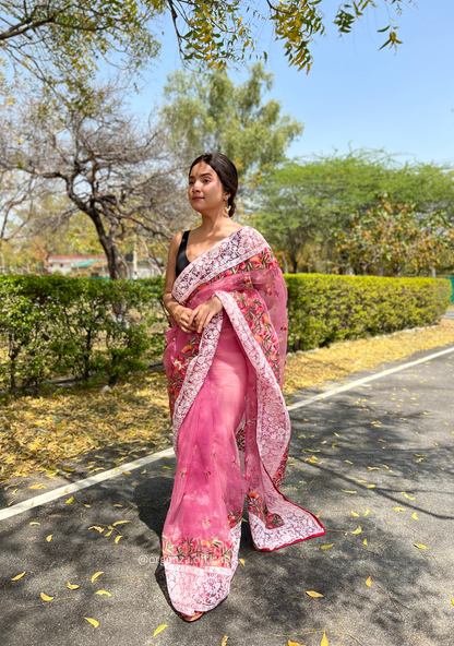 Pink Organza Saree With Chikankari Work - Orgenza Store