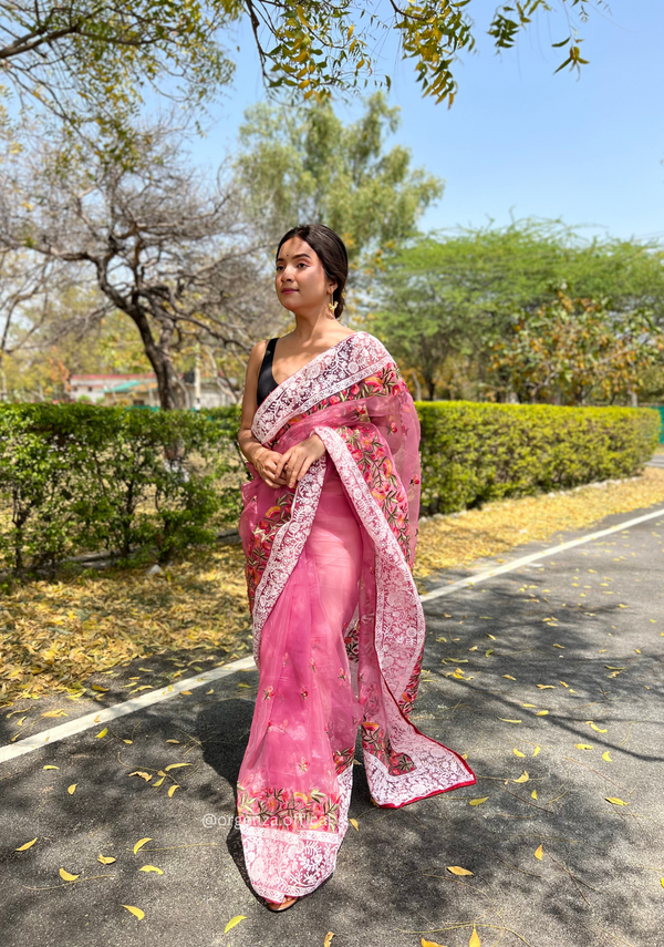 Pink Organza Saree With Chikankari Work