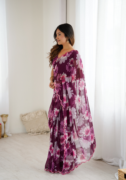 Purple Colour Georgette Printed Mirror Saree
