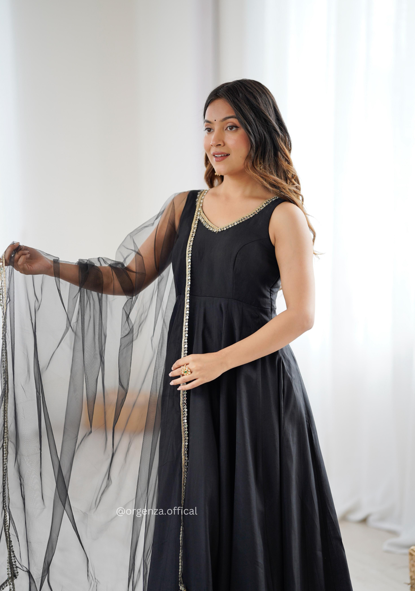 Black Colour Roman Silk Chanderi Plain Anarkali Kurti
