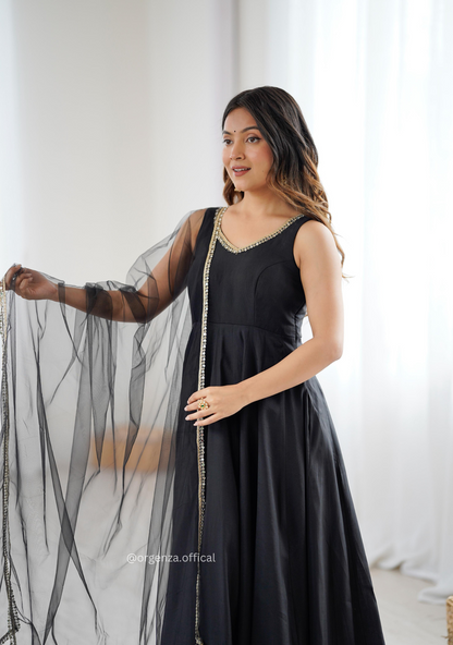 Black Colour Roman Silk Chanderi Plain Anarkali Kurti