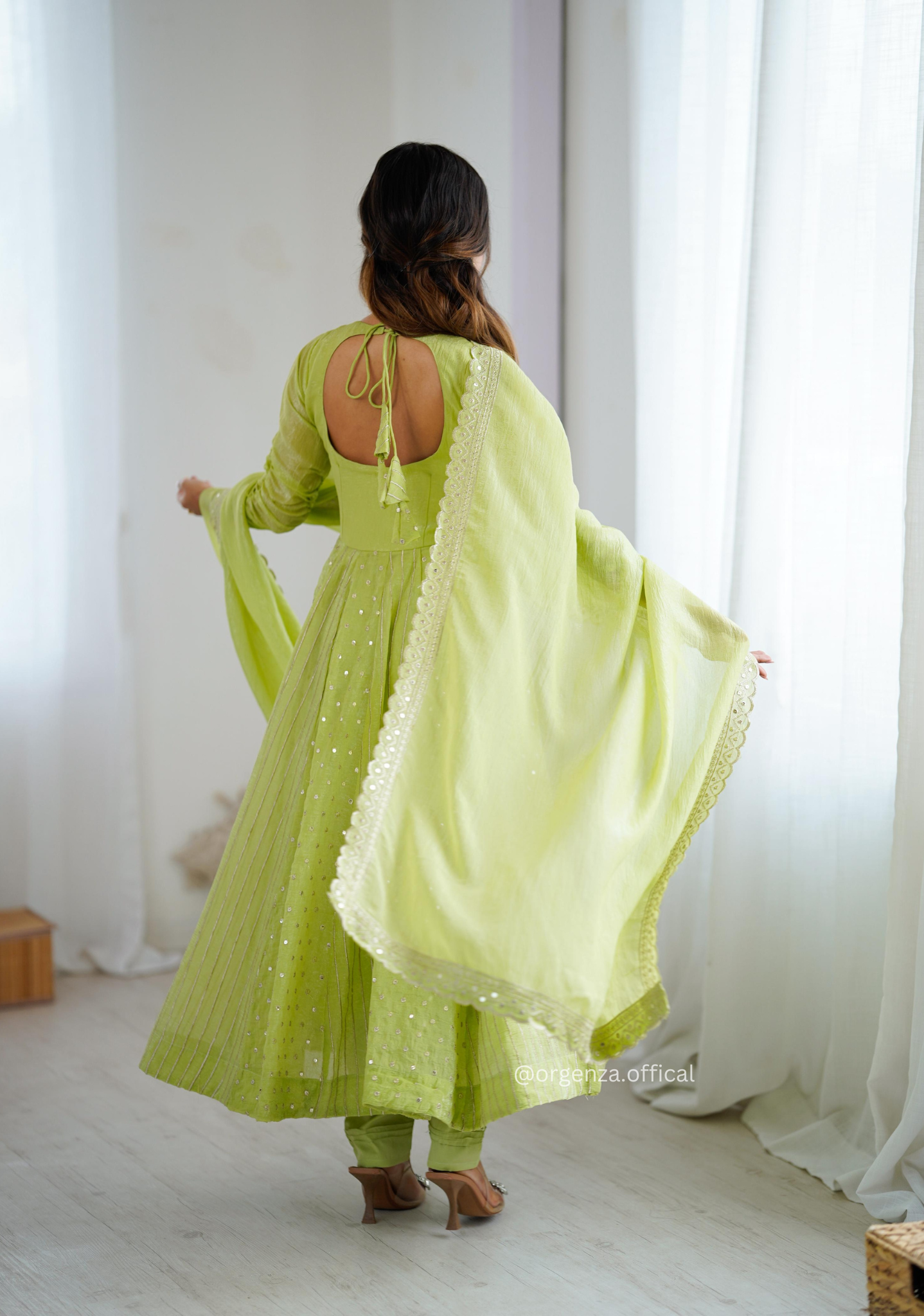 Pista Green Colour Crunchy Silk Anarkali Kurti