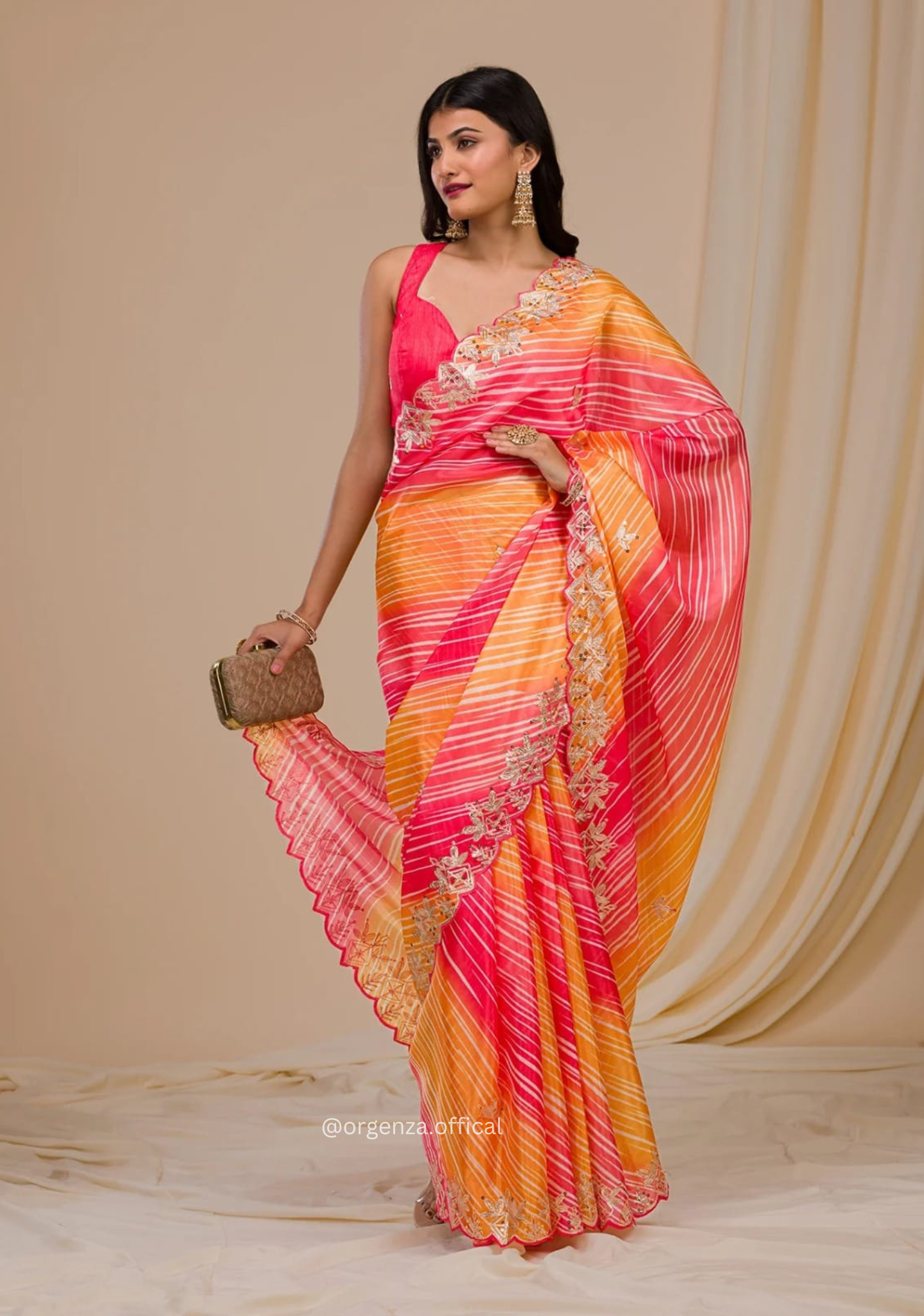 Peach And yellow Colour Chinnon Digital Print Saree