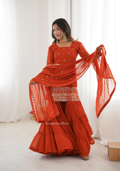 Women’s Pure Heavy Georgette Embroidery Ruffle Sharara Suit Set