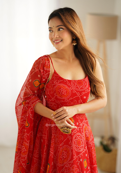 Soft Chiffon Bandhej 8-Meter Flare Gown Set – Fully Stitched