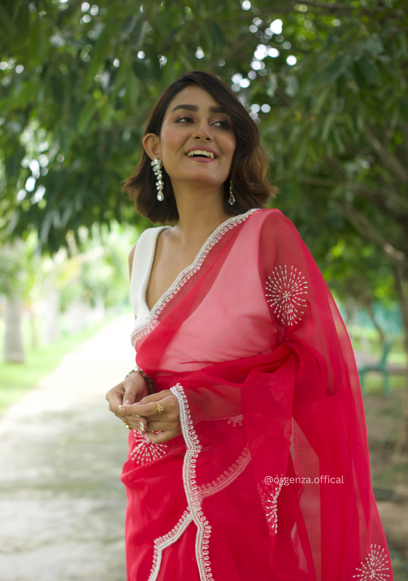 Red Colour Organza Saree With Hand Work