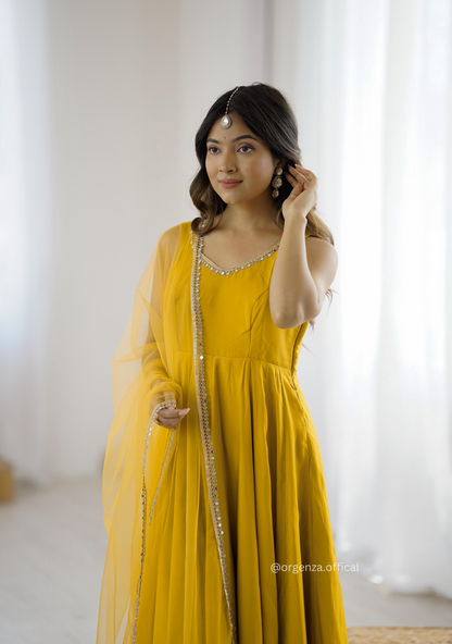Yellow Colour Roman Silk Chanderi Plain Anarkali Kurti