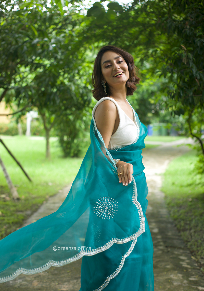 C Green Colour Organza Saree With Hand Work