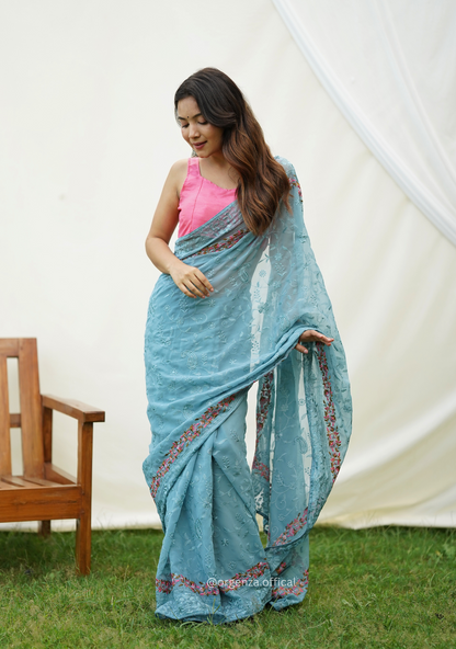 Sky Color Embroidery Work Heavy Georgette Silk Saree With Running Blouse - Orgenza Store