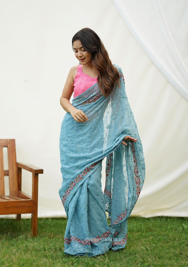 Sky Color Embroidery Work Heavy Georgette Silk Saree With Running Blouse