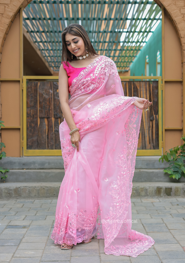 Baby Pink Soft Organza Saree With Sequence Work