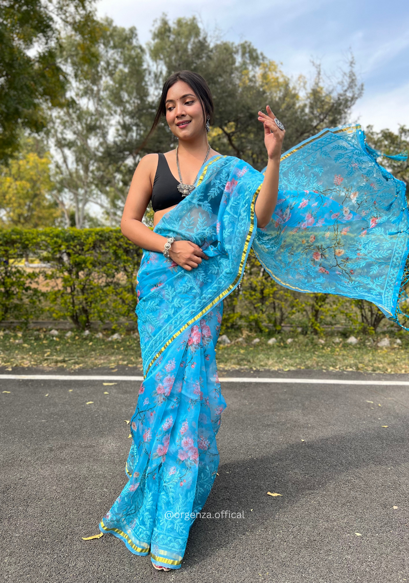 Sea Blue Colour Organza Silk Saree With Thread Work