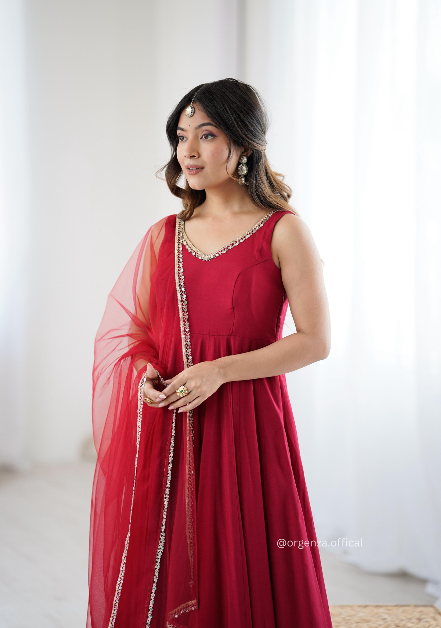 Maroon Colour Roman Silk Chanderi Plain Anarkali Kurti