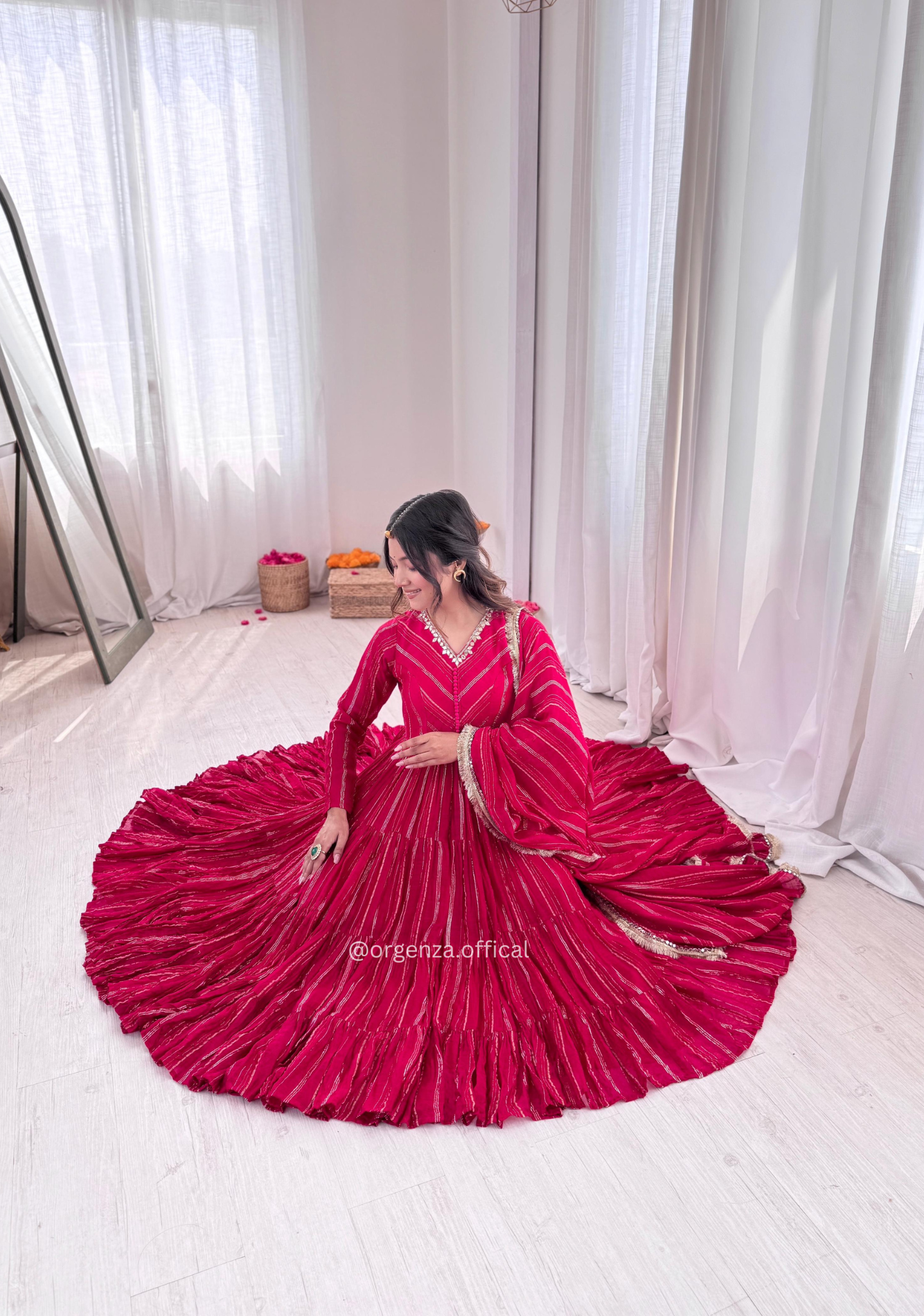 Mal Chanderi Mirror Work Ruffle Gown Set with Dupatta – Fully Stitched